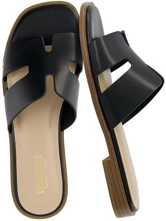 CUSHIONAIRE Voyage Cutout Strap Slides for Women, Slip On Summer Flats, Trendy Footwear, Comfortable Vacation Style Sandals for Women 2025, BLACK 10W