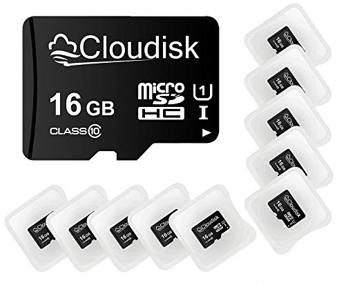 Cloudisk 10Pack 16GB Micro SD Card microSDHC UHS-I scheda di memoria con lettore di schede adattatore MicroSD, C10, U1, Full HD, A1 (16GB)