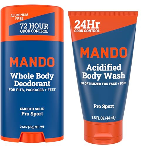 Mando Smooth Solid Stick (2.6 Ounce) + Acidified Body Wash (1.5 Ounce) - Clinically Proven to Block Odor All Day - Whole Body Safe For Pits, Packages + Feet (Pro Sport)
