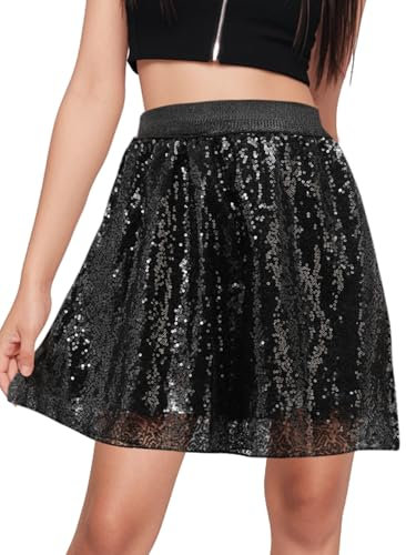 BALAYSIER Pailletten Rock Damen Elastischer Bund Glitzer Rock mit gefüttert Halloween Bühnenkleid(Schwarz, L)