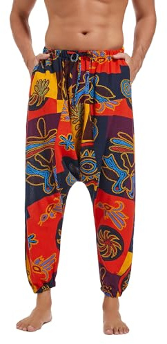 AITFINEISM Herrbyxor Med Dragsko Lässige Hippie Harem Byxor Löst Drop Crotch Byxor (XXL,Stil Orange)