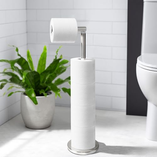 Suvistar Free-Standing Toilet Roll Holder – Space-Saving, Anti-Rust Stainless Steel Dispenser with Folding Design, Holds 5 Rolls for Convenient Bathroom Storage - Chrome