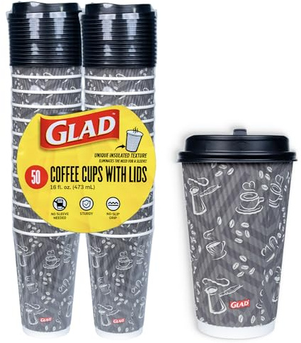 Glad Disposable Coffee Cups with Lids, 16 Oz Insulated Paper Hot Cups, No Sleeve Needed, Textured Non-Slip Grip, Fits Most Single-Serve Brewers, Java Mocha Print, 50 Cups and 50 Lids