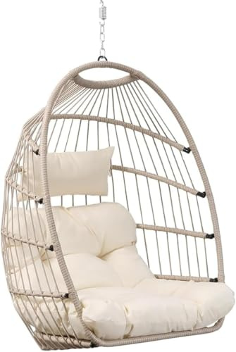 Goutime Chaise œuf Suspendue avec Coussin résistant aux UV, balancelle Pliable d'une capacité de 204 kg pour intérieur, Chambre à Coucher, extérieur (Chaise à œufs sans Support) (Gris Abricot)