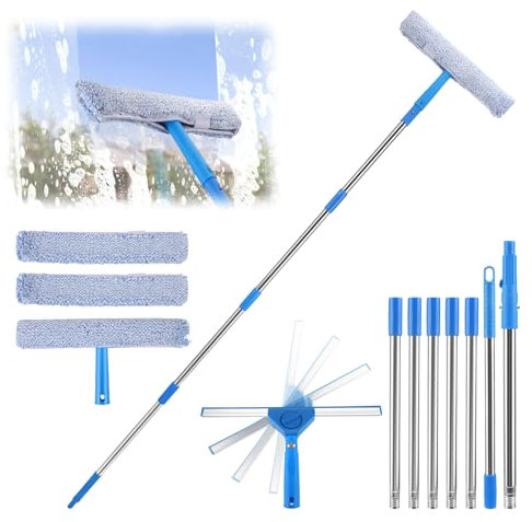 Lavavetri con Manico Telescopico, Tergicristallo 2 in 1 con Manico Lungo 300 cm, Kit per la Pulizia Delle Finestre con Testa Rotante e Panni Microfibra di Ricambio per Pareti di Vetro Bagno Auto