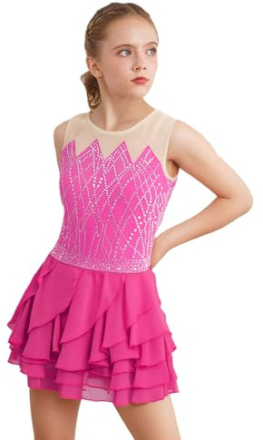 Alvivi Traje Patinaje Artístico Niña Competición Vestido Brillante de Danza Ballet Rosa Caliente 7-8 años