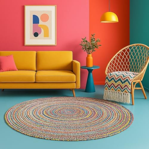 MY-RUG Jute Teppich rund 100 cm | Sisal-Teppich Wohnzimmer | handgemachter Juteteppich | flach gewebter Sisalteppich | Wohnzimmerteppich in Sisal-Optik nachhaltig aus Naturfaser | bunt