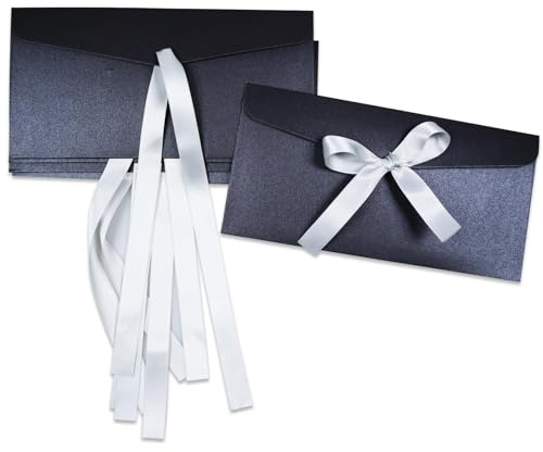 BINLINHONGO 5 Pcs Ribbon Bow Kraft Paper Envelope, Thick Pearlescent Colour Envelopes for Greeting Cards, Festival Supplies, Birthday/Party/Wedding Invitations, Black