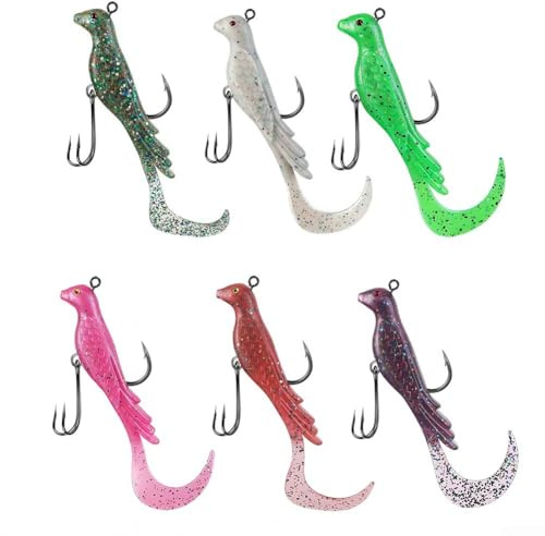 Emiif Juego de 6 señuelos de pesca suaves Phoenix Bird de 8 cm y 10 g con lentejuelas altamente reflectantes, brillo nocturno para una mayor atracción de peces, alas simuladas para natación ágil (una