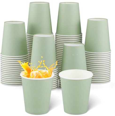 NatNarr 100 vasos de papel de color verde salvia, 260 ml, vasos de papel, vasos desechables, para cumpleaños, vacaciones, bodas
