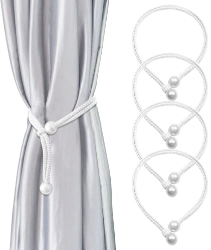 KEJOL 4 Pack Curtain Tie Backs, Elegant Pearl Tie Backs for Curtains | White Curtain Tiebacks | Hand-Knitted Curtains Tie Backs | for Home Office Living Room Bedroom