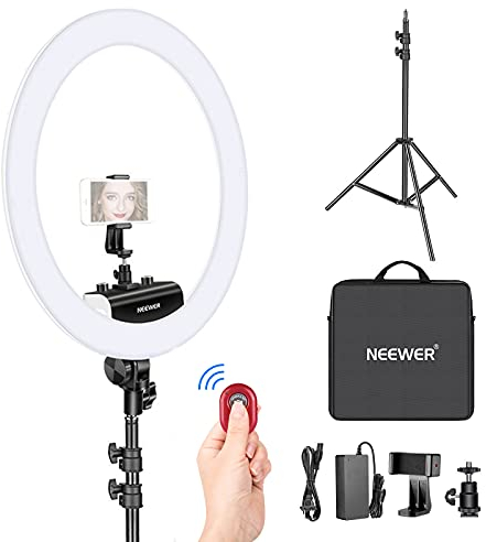 Neewer Luce Anulare Aggiornata – 1,8cm Ultra Sottile – 18, 3200-5600K, Dimmerabile con Stand, Ruotabile Supporto Clip per Smartphone Adattatore Hotshoe, per Ritratti Trucco Registrazioni Video