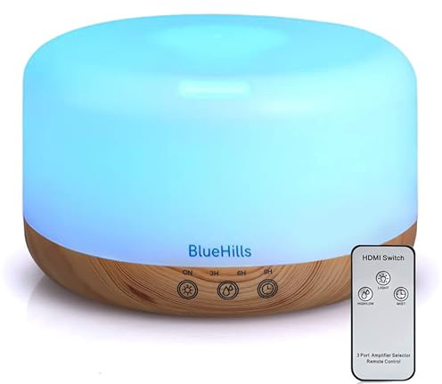 BlueHills Premium 1000 ML XL Essential Oil Diffuser Aromatherapy Humidifier with Remote Timer for Large Room Home 18 Hour Run Huge Coverage Area 1 Liter Mood Light Extra Large Capacity Wood Grain D004
