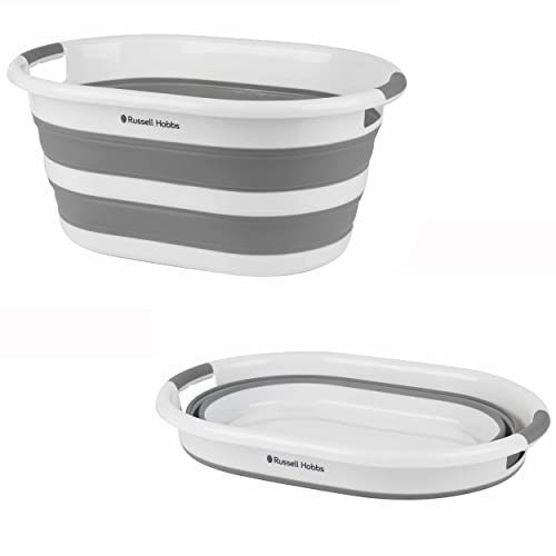 Russell Hobbs LA053879WHTEU Collapsible Laundry Basket/Washing Tub, 27L Large Laundry Basket, Silicone/Plastic Foldable Storage Container, Ergonomic Handles, Space Saving Washing Basket