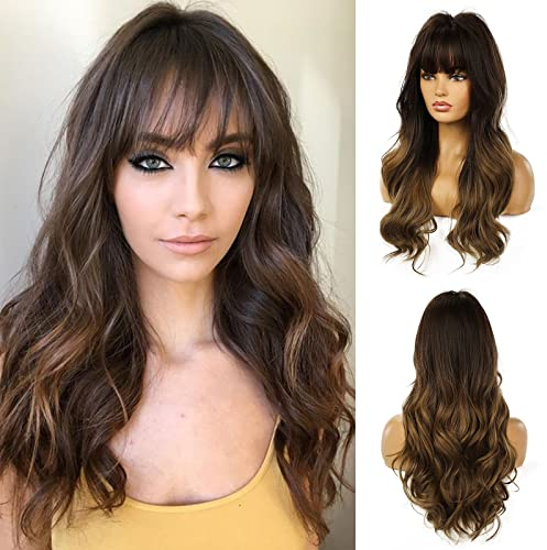 Esmee 24 Zoll Lange lockige Haar Perücken für Frauen Braune Natürlich Synthetische Hitzebeständige Perücken mit Pony