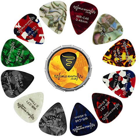 Guitar Picks with Storage Tin - 12 Mixed Gauge Guitar Plectrums - 0.46mm, 0.71mm, 0.81mm World Rhythm WR-208
