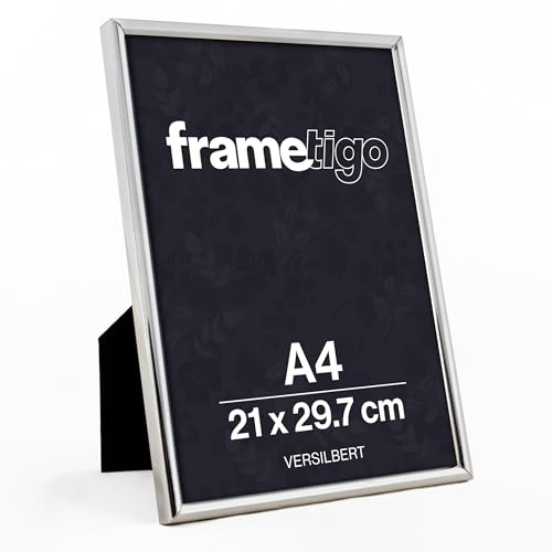 Frametigo - Silver Plated Thin Edge Photo Frame, A4/8.25x11.75 (21x29.7cm) Photo Size - Velvet Frame Backing & Stand - Real Glass Window - Tarnish-Resistant - Landscape or Portrait Orientation