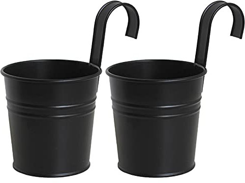 Mokyler 4 Stück schwarzer Zinn-Metall-Blumentöpfe zum Aufhängen, Blumentöpfe mit abnehmbarem Haken, Metall-Hängeeimer für Fenster, Zaun, Balkon, Garten
