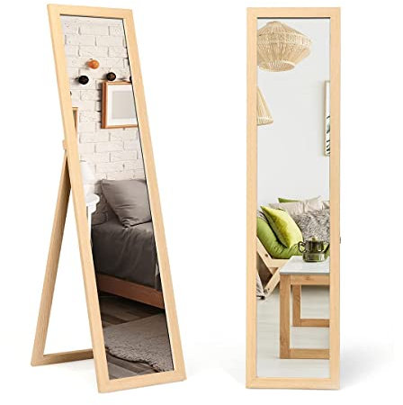 RELAX4LIFE Specchio a Figura Intera 2 in 1, da Terra e da Parete in Legno con Cornice Rettangolare, Inclinato da Pavimento, per Camera da Letto, Soggiorno e Ufficio (naturale)
