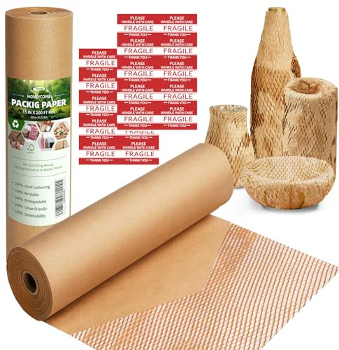 Honeycomb Packing Paper Wrap 15x200' Sustainable Alternative to Bubble Cushioning Wrap for Moving/shipping/packing Roll with 20 Fragile Sticker Biodegradable & Fully Recylable
