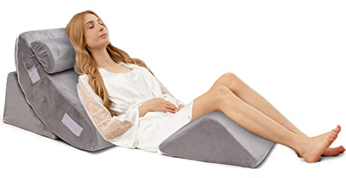 COSTWAY 4-teiliges orthopädische Kissen-Set, Memory-Schaum-Keilkissen mit Abnehmbarer Kopfstütze, bequemes und verstellbares Lesekissen Bettkeilkissen Rückenstützkissen zum Schlafen und Lesen