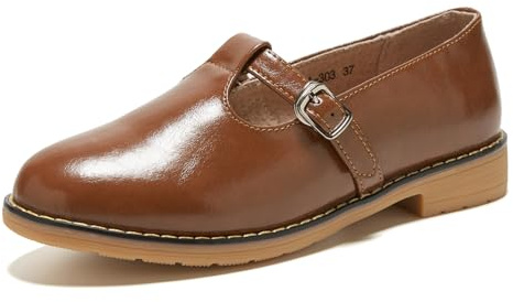 TRULAND Zapatos Mary Jane Oxfords de cuero para mujer, mocasines casuales con correa en T, puntera cerrada, zapatos planos elegantes para trabajo de oficina, Marrón Mj, 36 EU