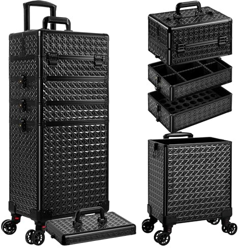 AROUS 5 in 1 Rolling Makeup Train Case Cosmetology Case on Wheels Large Cosmetic Organizer Travel Cart for Hairstylist Artist Nail Beauty Salon Barber,Black