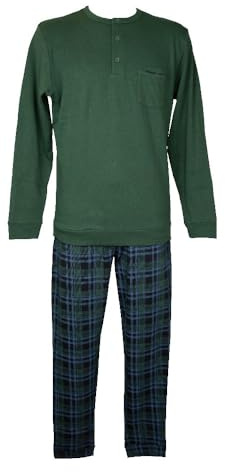 RAGNO Pigiama Uomo Interlock Caldo Cotone Invernale Manica Lunga Collo Serafino Pantalone e Maglia con Polsini Articolo U698N1, 654F Fantasia Trekking Green, Taglia 52