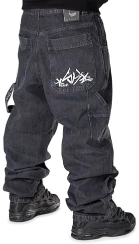 The blueskin Jeans Baggy Uomo Pantaloni Larghi per Uomo e Ragazzo Stile Skate Rap Baggy Hip Hop Nero Used Stone Wash Scuro - W 36 IT 50