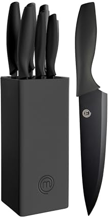 MasterChef Knife Set with Block, 6 Kitchen Knives and a Universal Knife Holder, Extra Sharp Stainless Steel Blades for Precise Cutting with Non Stick Coating & Soft Touch Easy Grip Handles, Black