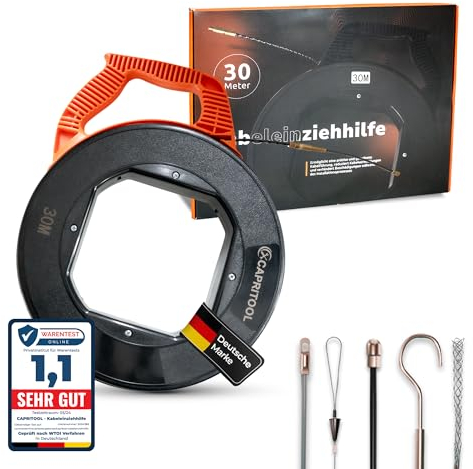 CAPRITOOL Kabeleinziehhilfe 30m – Flexible Einziehfeder und Zugdraht für Leerrohre – Kabelziehhilfe inkl. 5 Adapter – Langlebige Kabel Einzugshilfe für Elektroarbeiten – Hochwertige Einziehspirale