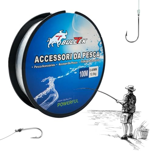 BullTek Ligne de pêche en nylon – 100 m – 0,4 mm – 12,5 kg – Monofilament – Bobine de fil de pêche, résistante aux déchirures, transparente, pour pêcheurs de mer, rivière, lac