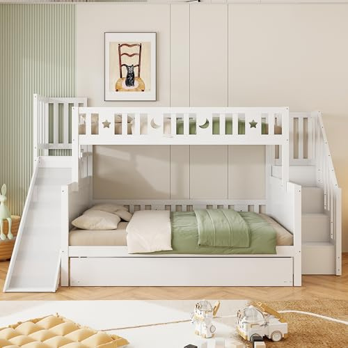 Moimhear Letto per bambini, letto a castello in legno massello con scivolo e ripiano con gradini di sicurezza, rete a doghe, bianco (Bianco, 90x200cm+140x200cm+90x190cm, con 1 letto estraibile)