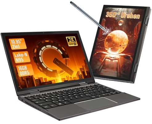 LONGEVINCE Mini Laptop, 10,95 Zoll Ultrabook Laptop, 2000 * 1200 Touch Display, Celeron N95 (bis zu 3,4 GHz),16 GB DDR5 RAM,Convertible,QWERTZ-Tastatur,2X Type-C,BT 5.0 (Grau, 16G+512G)