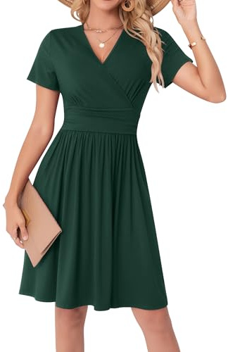 WUWUSKY Women's Summer Dress V-Neck Short Sleeve Wrap Dresses Ladies midi Dress with Pockets,Dark Green,M