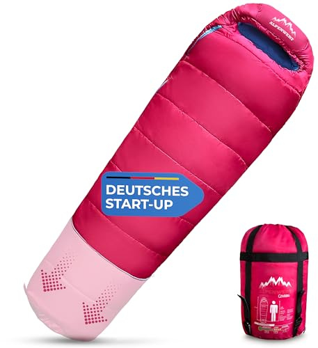 ALPENWERT® Kinderschlafsack Sommer – wächst mit! [130–170 cm] – Nur 920g, Kompakt [32×19 cm] – Perfekt für Camping, Festival, Outdoor – Mumienschlafsack ab 6 Jahren (Pink/Hellblau)
