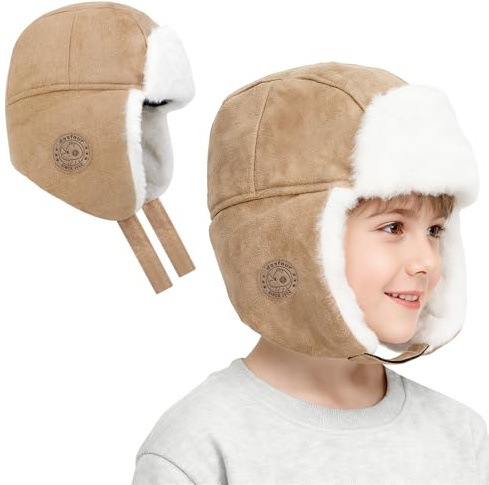 TAGVO Chapeau Trappeur Enfant avec Oreilles – Bonnet Aviateur Thermique en Suédine & Polaire pour Fille & Garçon, Chapeau Ski Coupe-Vent 4–10 Ans