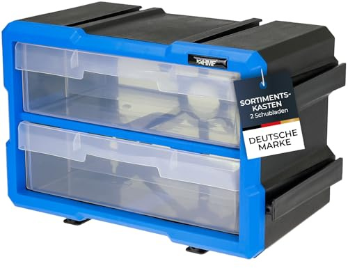 HMF Caja organizadora para piezas pequeñas con 2 cajones, caja de clasificación ampliable para tornillos y herramientas | 4 compartimentos | 29,5 x 19,5 x 16 cm | azul-negro