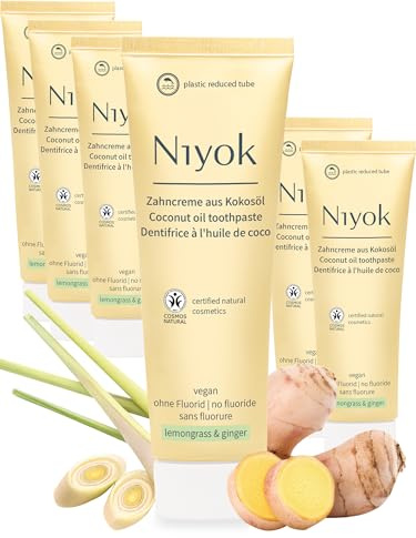 Niyok Zahncreme aus Bio Kokosöl Zitronengras & Ingwer (6x75ml), Natürliche Zahnpasta für weiße Zähne, Intensive Pflege & Frische, Schützt das Zahnfleisch, Ohne Fluorid & Vegan