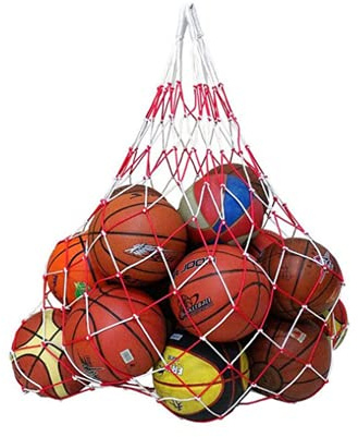 VOANZO White Red Large Basketball Storage Bag Football Soccer Sports Ball Mesh Net polypropylene fiber Bag Large Size Ball Carry Bag Durable Portable Gym Toy Ball Bags Holds 15 Balls