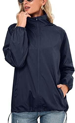 SotRong Veste imperméable pour femme - Veste de pluie légère pour printemps et été - Séchage rapide - Fermeture éclair - Veste d'extérieur à capuche, bleu marine, L