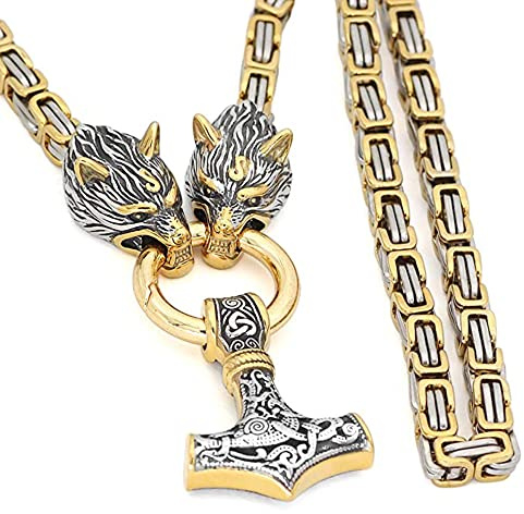 Collar con colgante de cabeza de lobo vikingo para hombre, martillo nórdico de Thor, collar con colgante de Mjolnir, de acero inoxidable, cadena de rey amuleto vikingo, joyería vikinga, 70 cm, acero