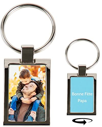 Porte-Clef métal argenté Rectangle avec Photo imprimée Recto et Verso – Porte clé Rectangle personnalisé Photo – Cadeau fête pères, Papa, noël, Anniversaire ou Homme