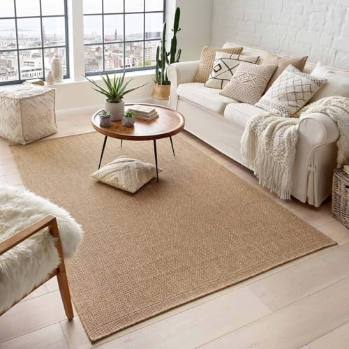 Taracarpet Outdoor & Indoor Teppich für Wohnzimmer Balkon Terrasse wetterfest Borneo Sisal-Jute-Optik naturfarben Natur Fischgrät 080x150 cm