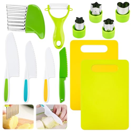 SUPRROW Set Di 12 Coltelli Da Cucina per Bambini, Coltello Bambini Con Pelapatate Coltello Ondulato Tagliere, Coltelli Patate, Tagliere per Tagliare E Cucinare, Frutta E Verdura Cucina Montessori