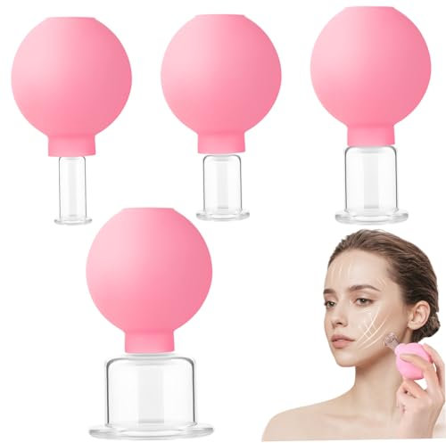 Facial Cupping Set for Face, 4pcs/Set Glass Silicone Face Cupping Set, Vacuum Suction Cupping Cups, Cupping Kit for Body Face Leg Arm Back Massage Therapy(Pink)