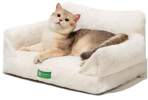 MEWOOFUN Katzen Sofa Katzenbett für Wohnungskatzen, Niedlich Kätzchen Bett Haustiersofa mit abnehmbarem, waschbarem Bezug und Rutschfester Unterseite für kleine Hunde (Weiß, S)