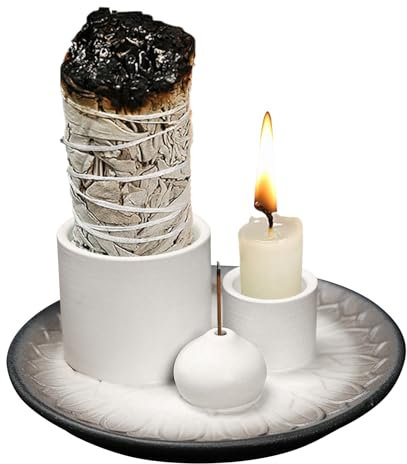 SHEBUYLLI Incense Burner Holder, 4 in1 Palo Santo Holder Ceramic Incense Stick Holders with Ash Catcher Sage Holder Smudge Bowl for Yoga Meditation Room Home Decor (#001White Gray)