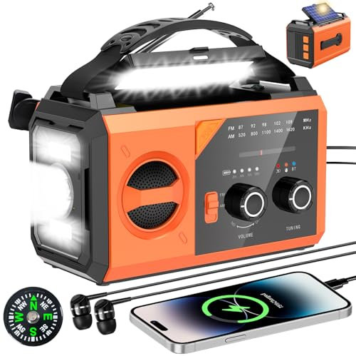 30000mAh Bluetooth Radio Solaire, AM/FM 3 Façons de Charger 8 en 1 Radio Portable d'urgence, SOS, Lampe de Poche, Boussole, Lampe de Lecture, Prise Casque