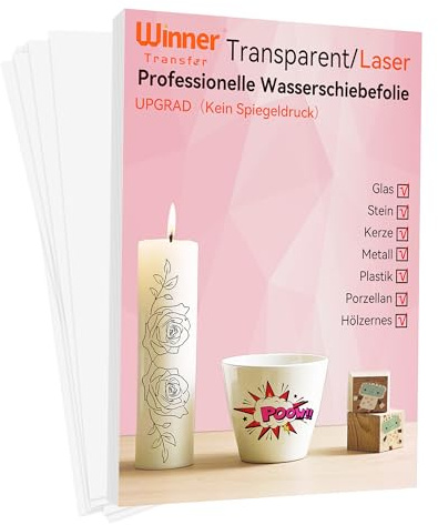 WinnerTransfer A4 x 15, laser vattenglidande film (transparent) | Ljusmaterial, vattenglidpapper – vattenöverföringsfolie, för leksaksmodeller, koppar, keramik, glas, plast